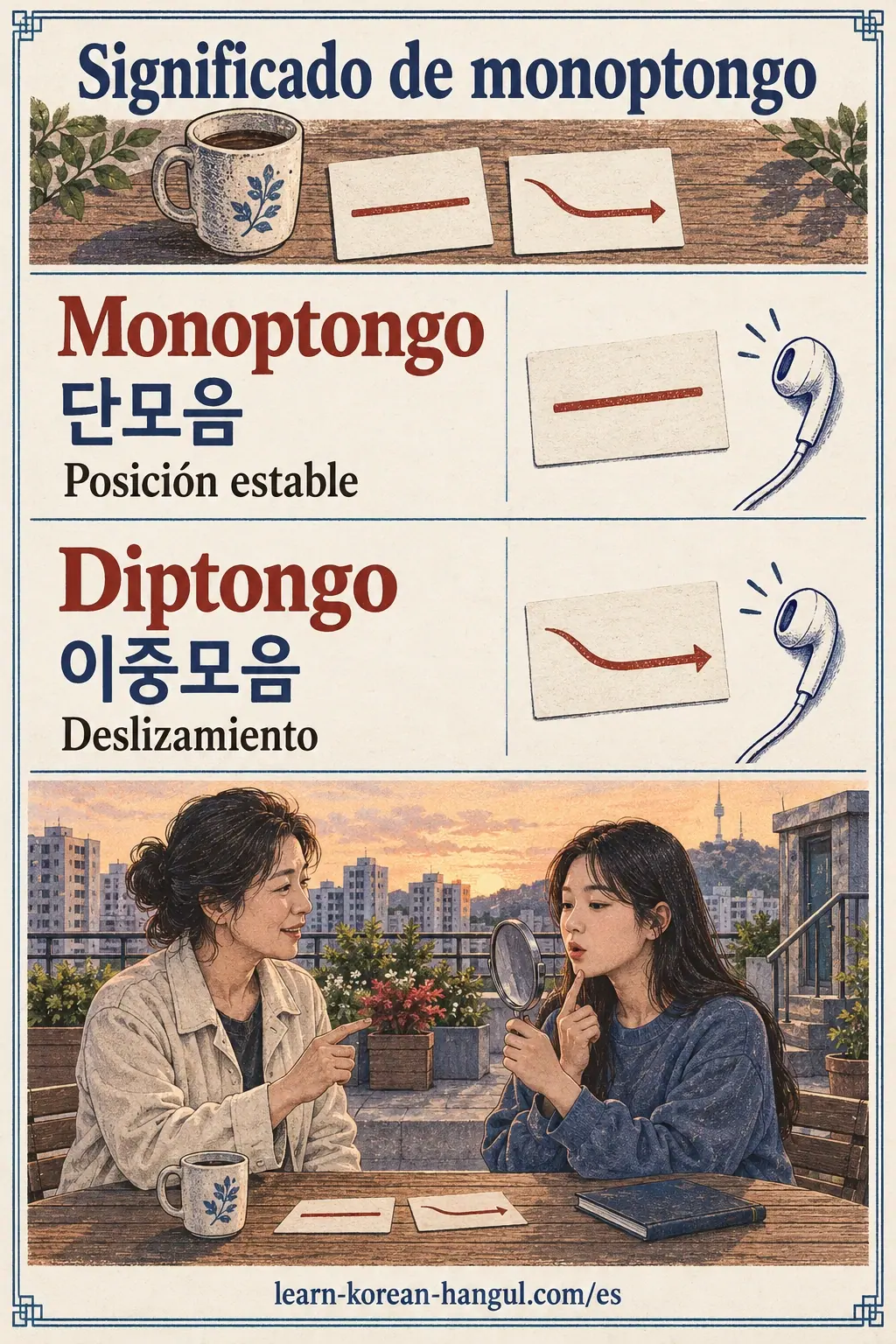Ejemplos de pronunciación coreana: 단모음 / 이중모음.