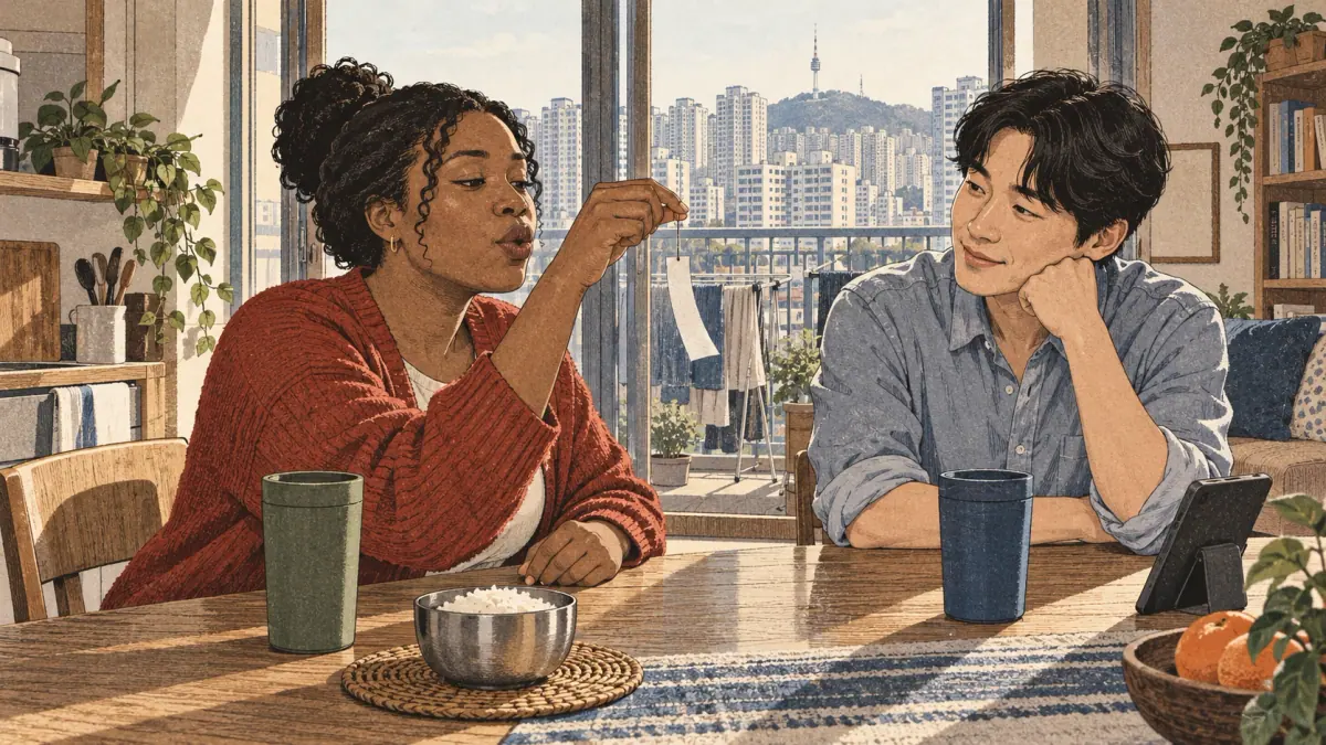 Adults practise Korean pronunciation with a tutor in contemporary Seoul.
