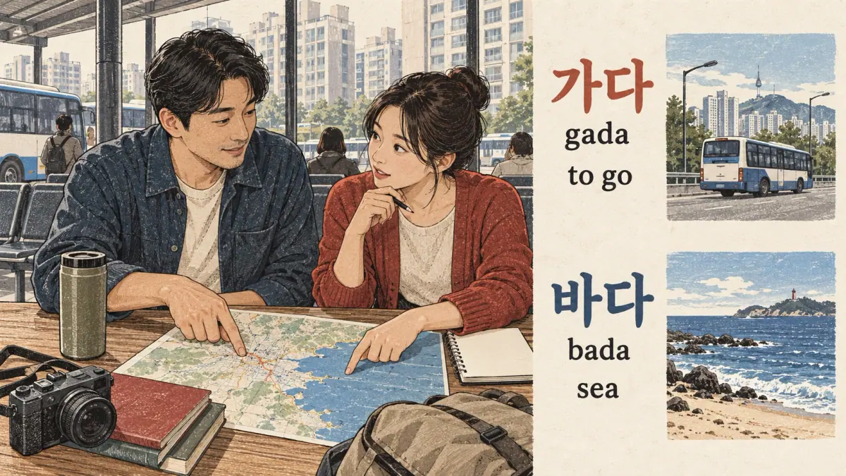 Korean pronunciation examples: 가다 / 바다 / gada / bada.