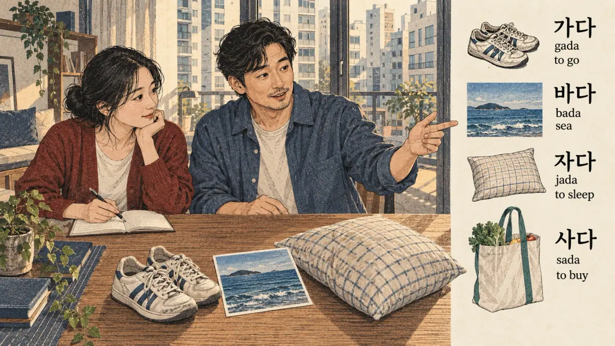 Korean pronunciation examples: 가다 / 바다 / 자다 / 사다 / gada / bada / jada / sada.