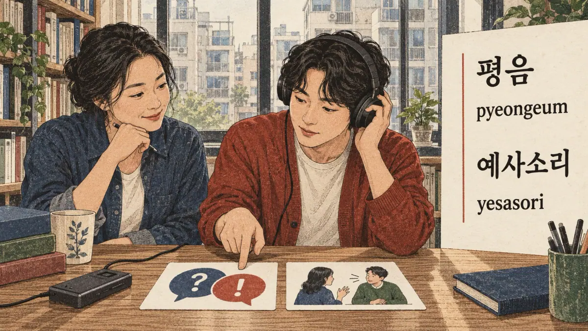 Korean pronunciation examples: 평음 / 예사소리 / pyeongeum / yesasori.