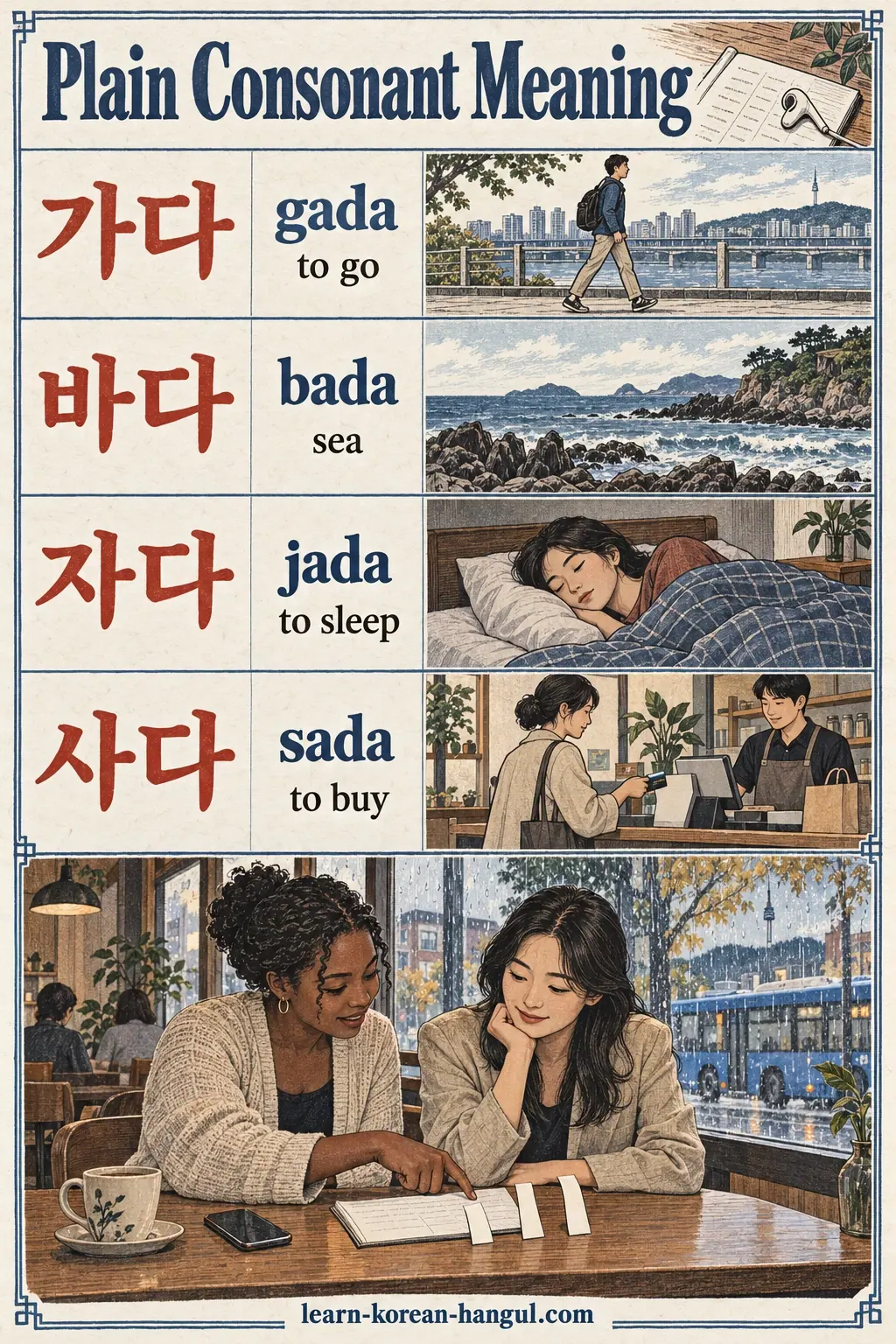 Korean pronunciation examples: 가다 / 바다 / 자다 / 사다 / gada / bada / jada / sada.