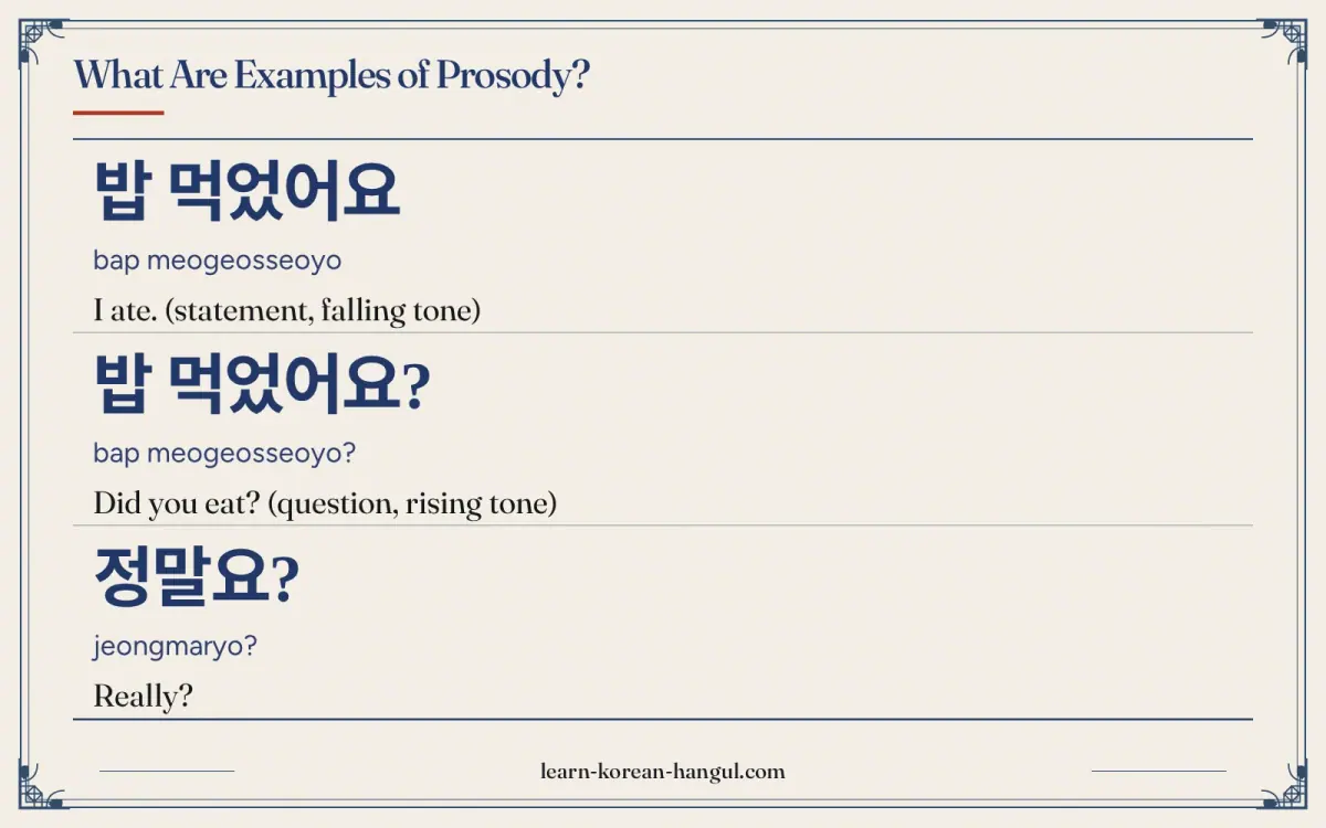 밥 먹었어요 · bap meogeosseoyo · I ate. (statement, falling tone) · What are examples of prosody?