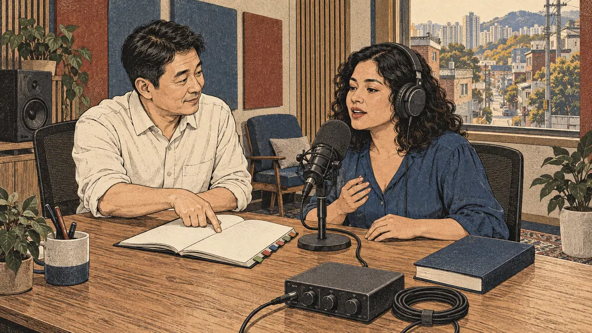 A pronunciation coach consults a reference booklet while an adult learner records careful Korean speech in a Seoul studio.