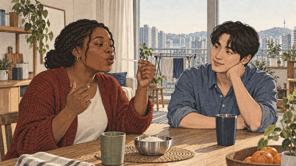 Adults practise Korean pronunciation with a tutor in contemporary Seoul.
