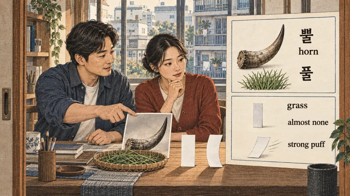 Korean pronunciation examples: 뿔 / 풀.