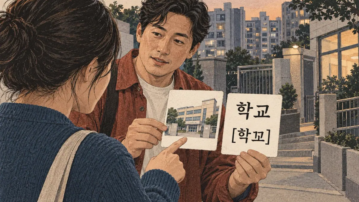 Korean pronunciation examples: 학교 / [학꾜].