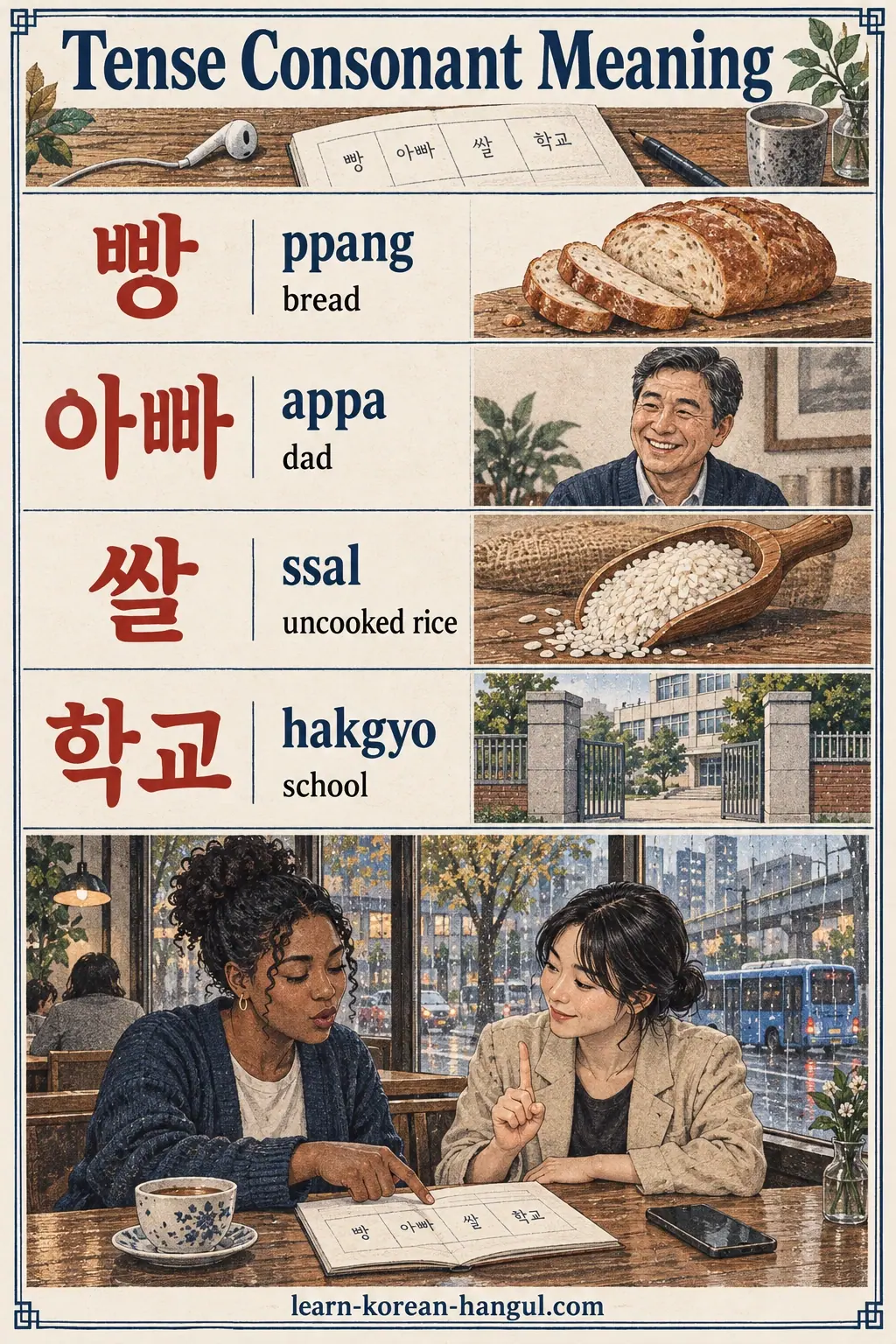 Korean pronunciation examples: 빵 / 아빠 / 쌀 / 학교 / ppang / appa / dad / ssal / hakgyo.