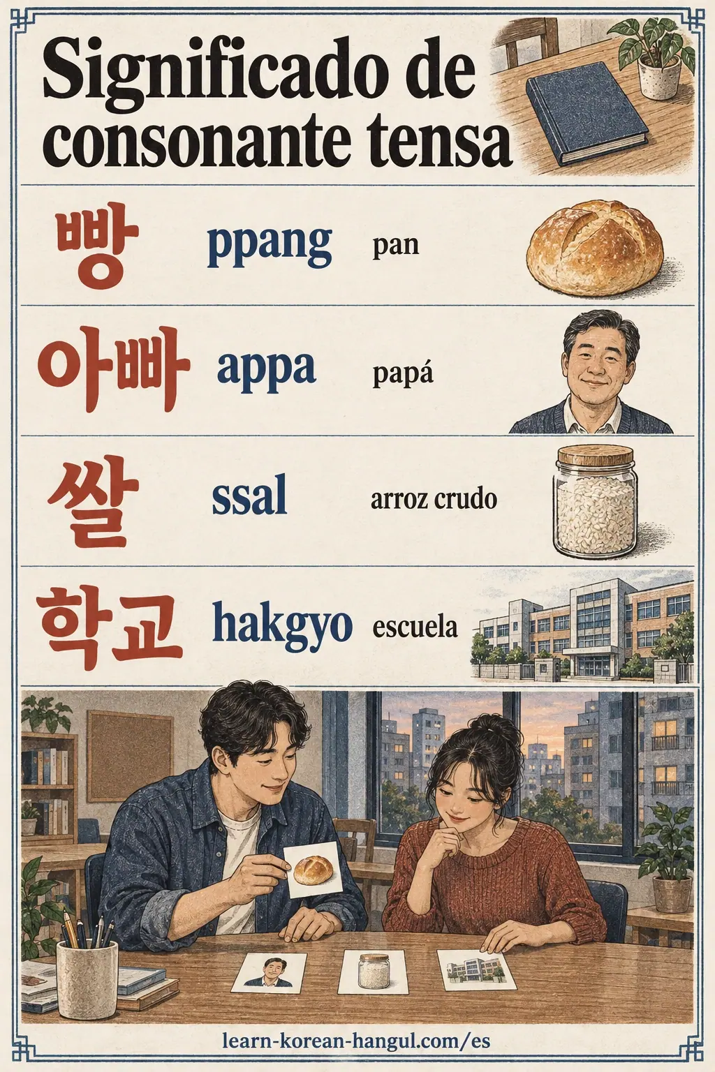 Ejemplos de pronunciación coreana: 빵 / 아빠 / 쌀 / 학교 / ppang / appa / ssal / hakgyo / escuela.