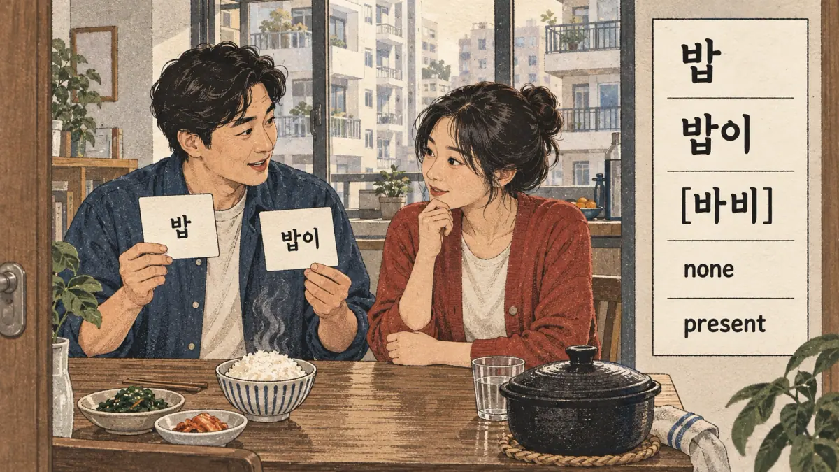 Korean pronunciation examples: 밥 / 밥이 / [바비].