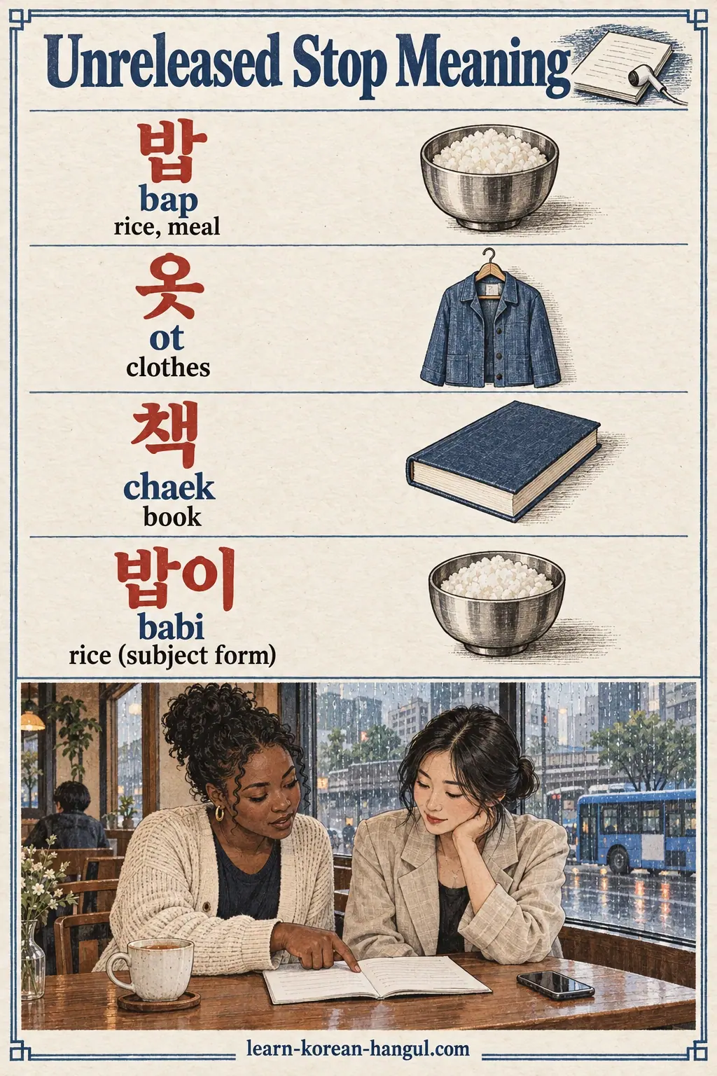 Korean pronunciation examples: 밥 / 옷 / 책 / 밥이 / bap / ot / chaek / babi.