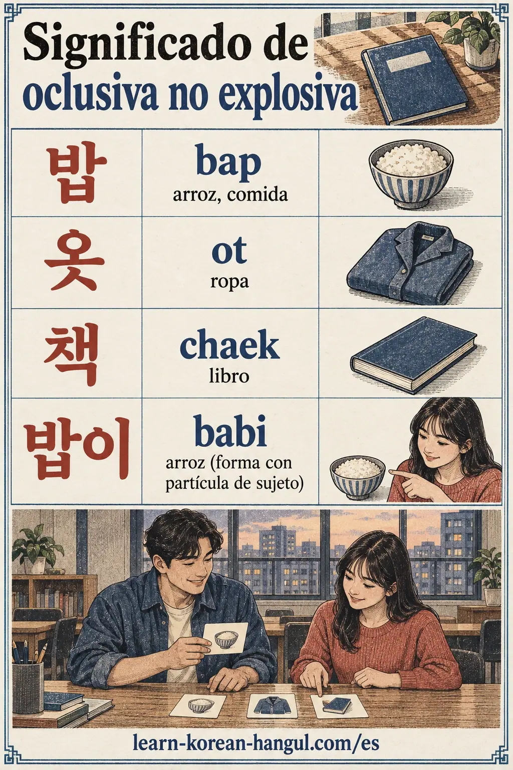 Ejemplos de pronunciación coreana: 밥 / 옷 / 책 / 밥이 / bap / ot / chaek / babi.