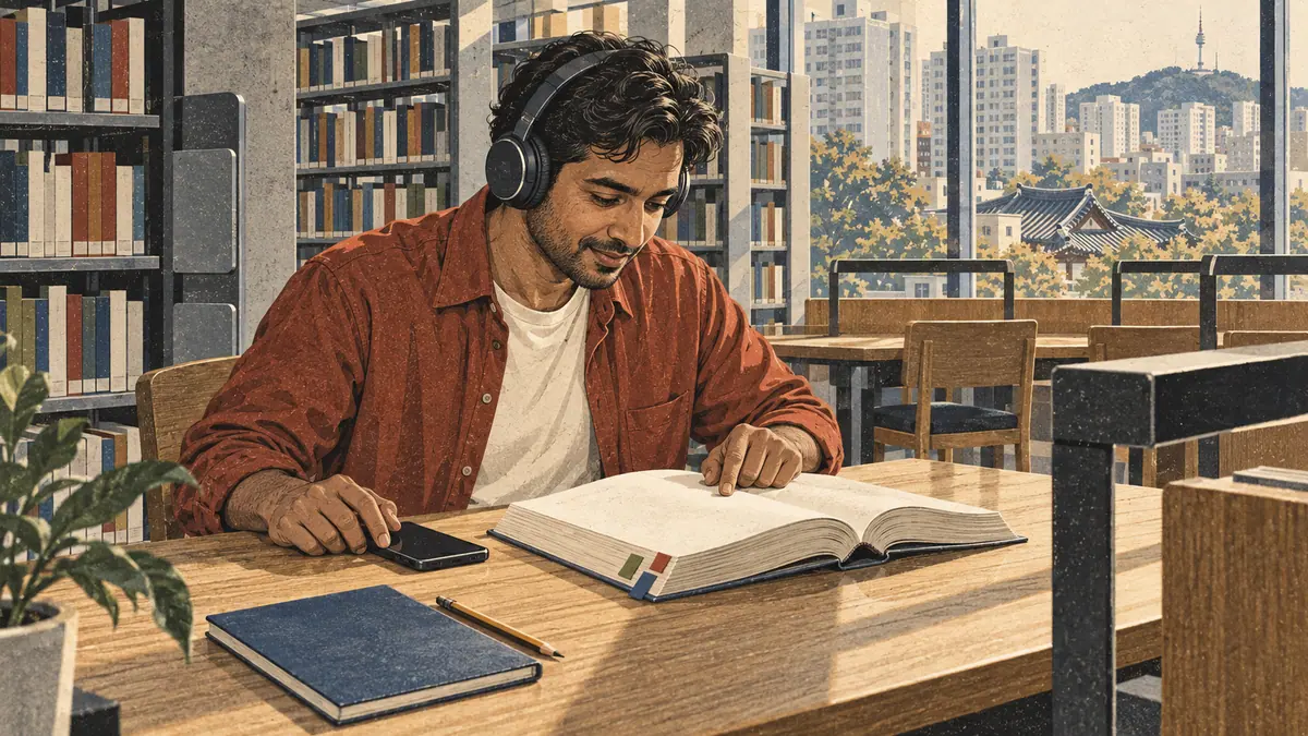A learner consults a tabbed pronunciation reference book while listening to audio in a Seoul library.
