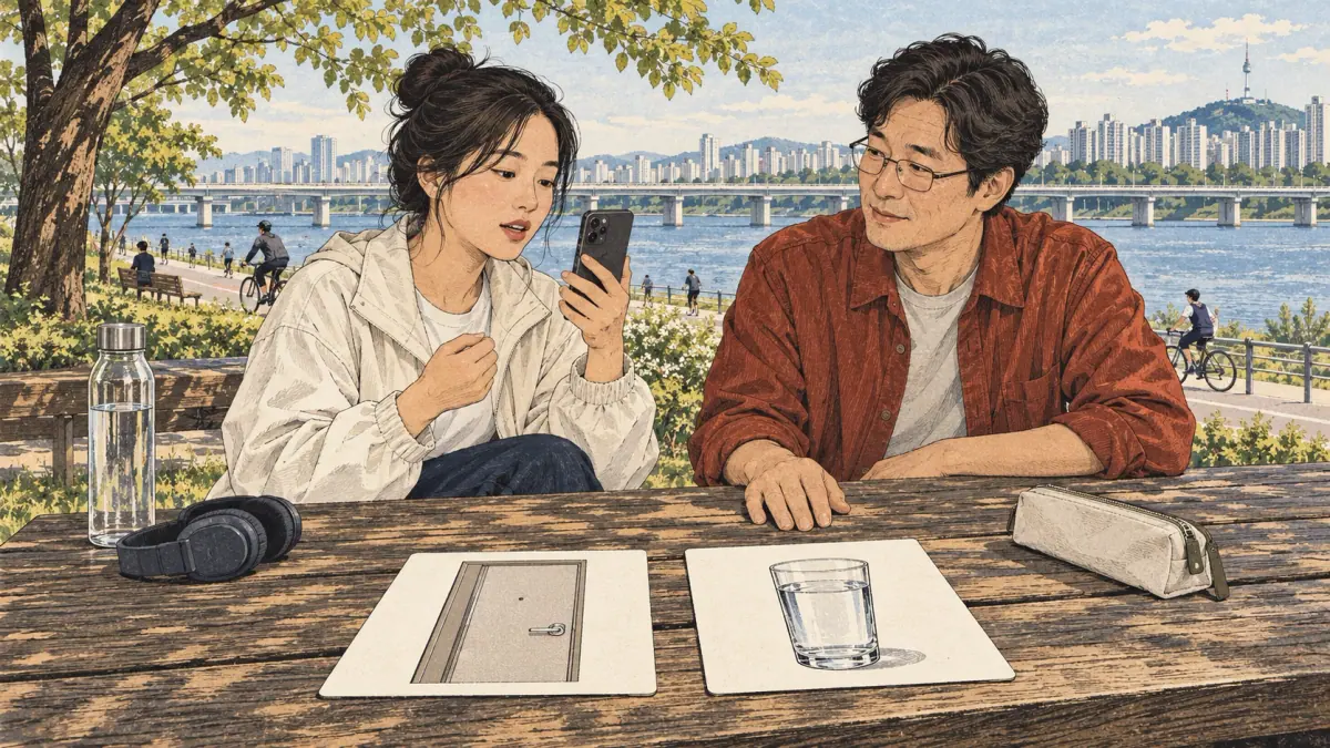 Two adult learners practise Korean nasal and liquid pairs using door and water picture cards beside the Han River.