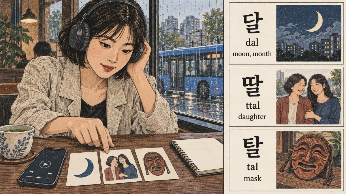 Illustrated pronunciation practice: 달, 딸, 탈, dal, ttal, tal.