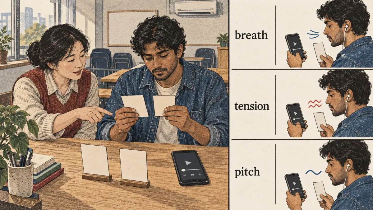 Illustrated pronunciation practice with a learner listening and repeating.