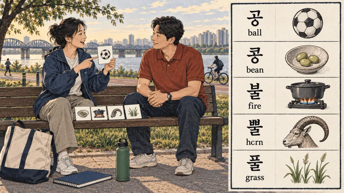 Illustrated pronunciation practice: 공, 콩, 불, 뿔, 풀, ball, bean.