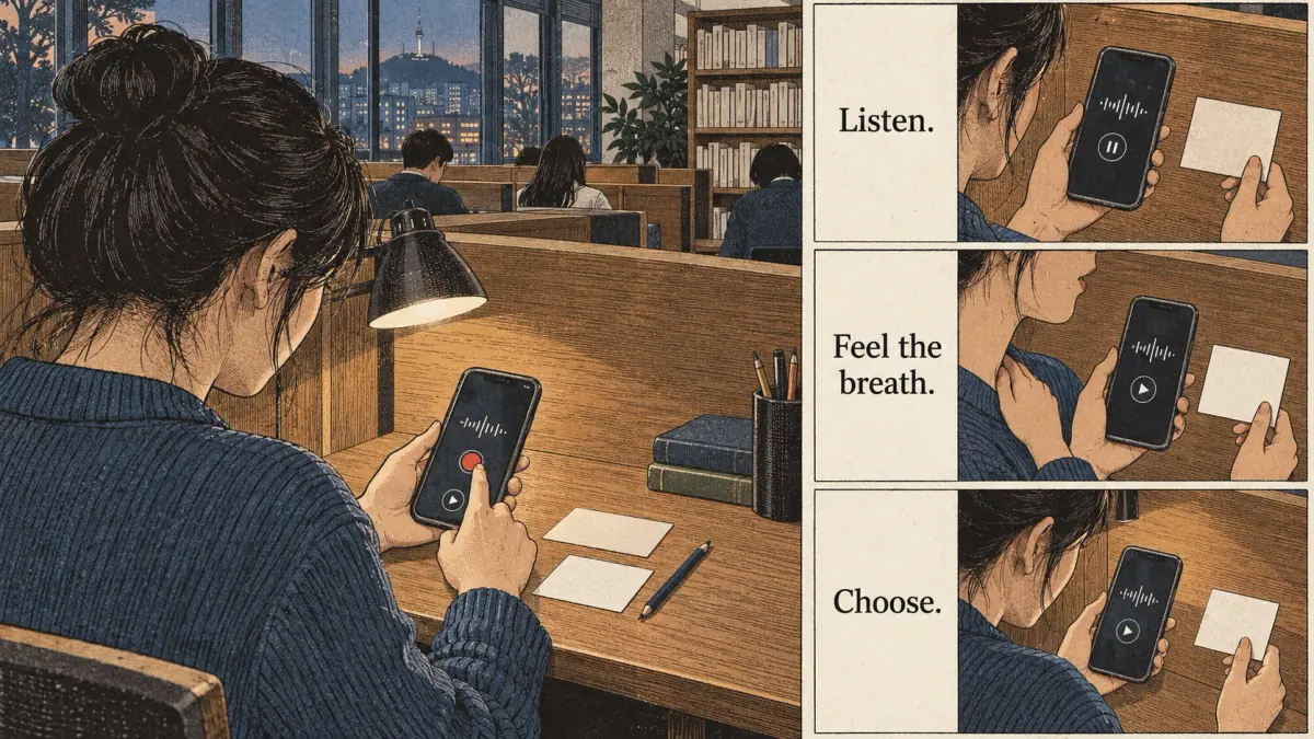Illustrated pronunciation practice with a learner listening and repeating.