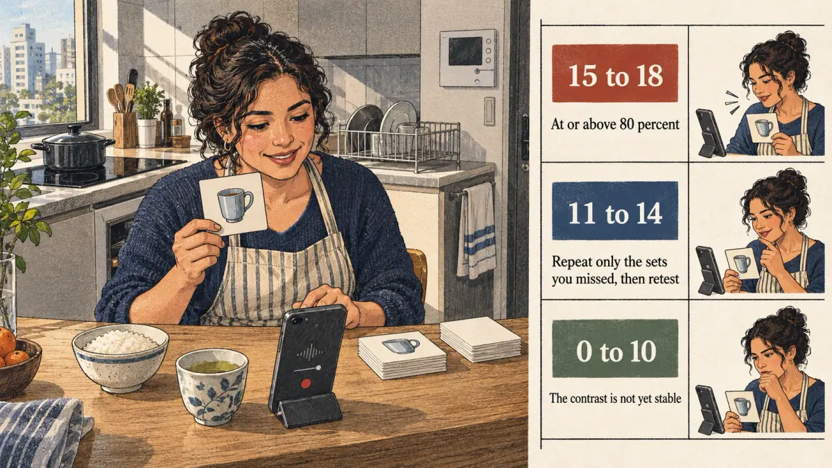 Illustrated pronunciation practice with a learner listening and repeating.