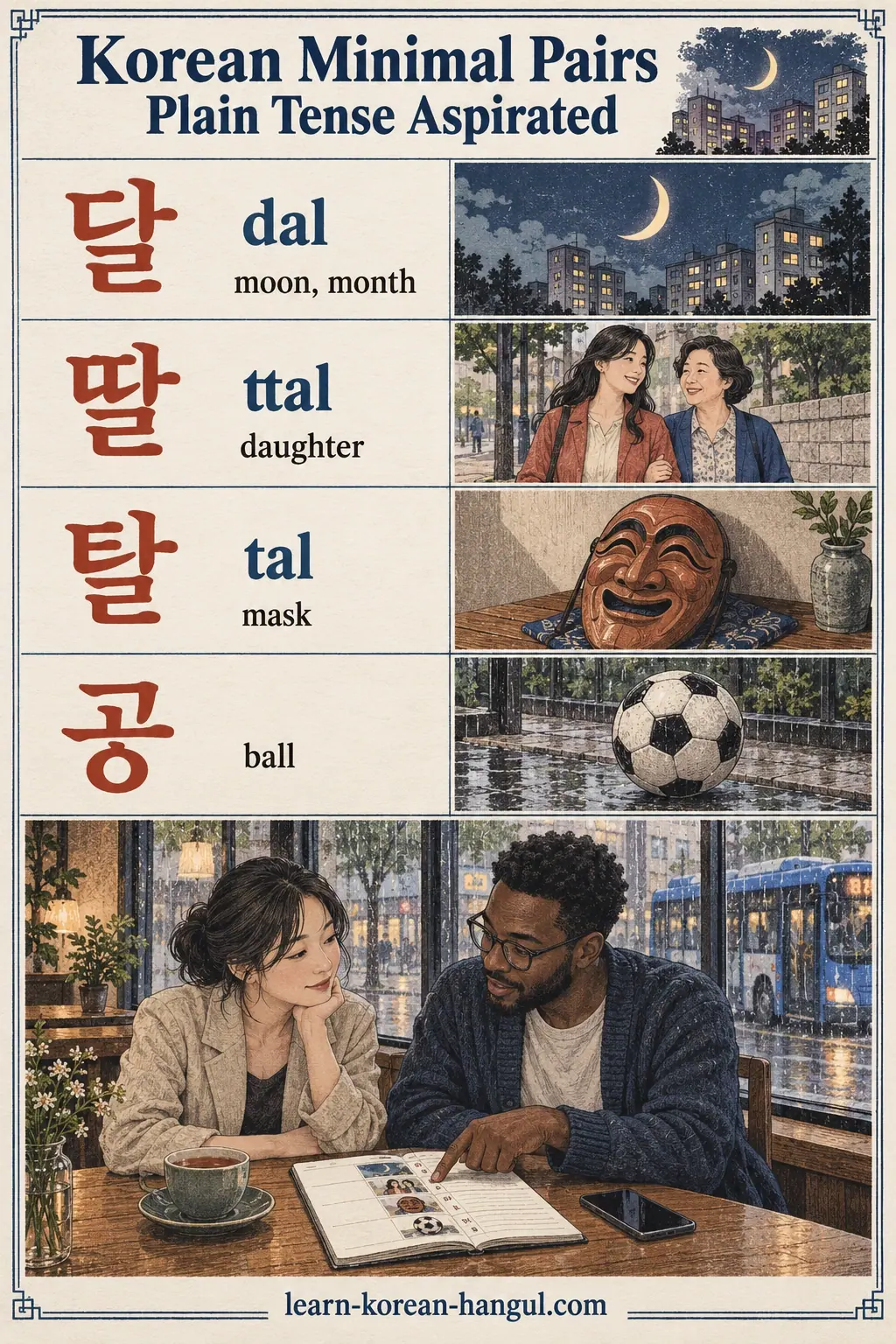 Illustrated pronunciation practice: 달, 딸, 탈, 공, dal, ttal, tal, ball.