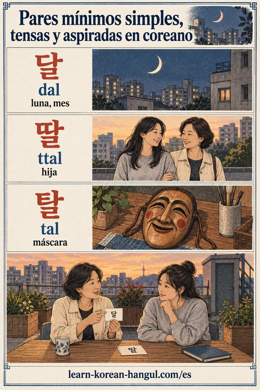 Práctica ilustrada de pronunciación: 달, 딸, 탈, dal, ttal, hija, tal.