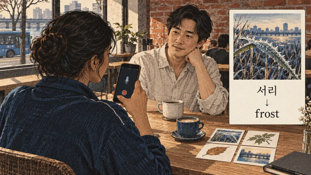Illustrated 서리 in a Seongsu café booth.