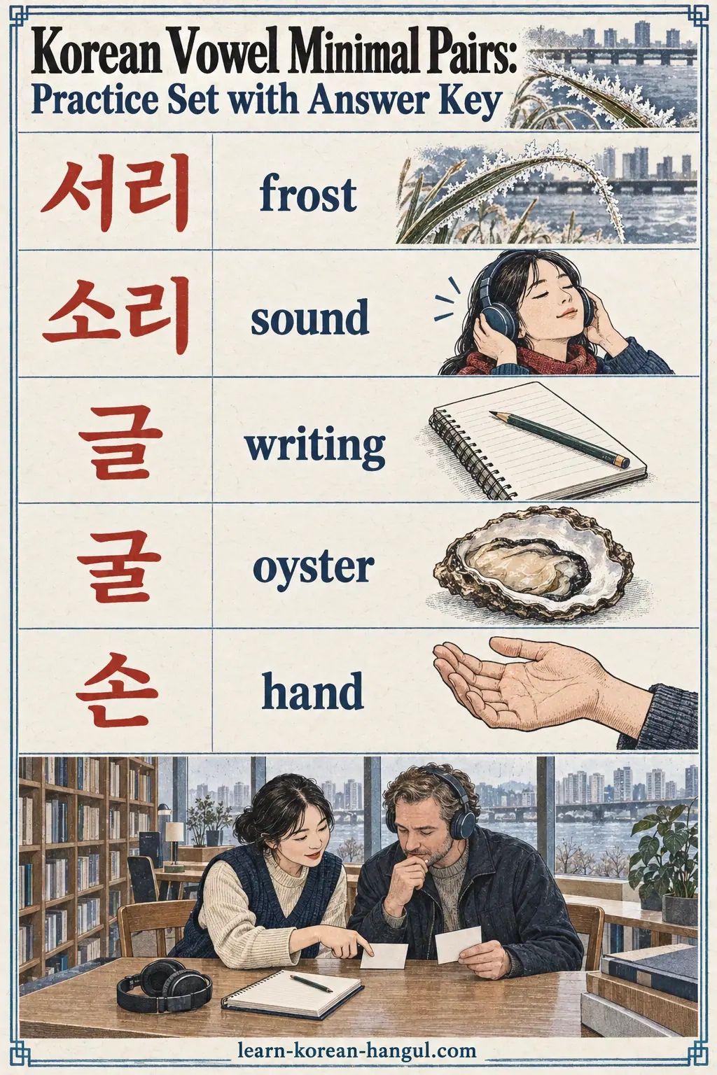 Illustrated 서리 / 소리 / 글 / 굴 / 손 in a Mapo public library study corner.