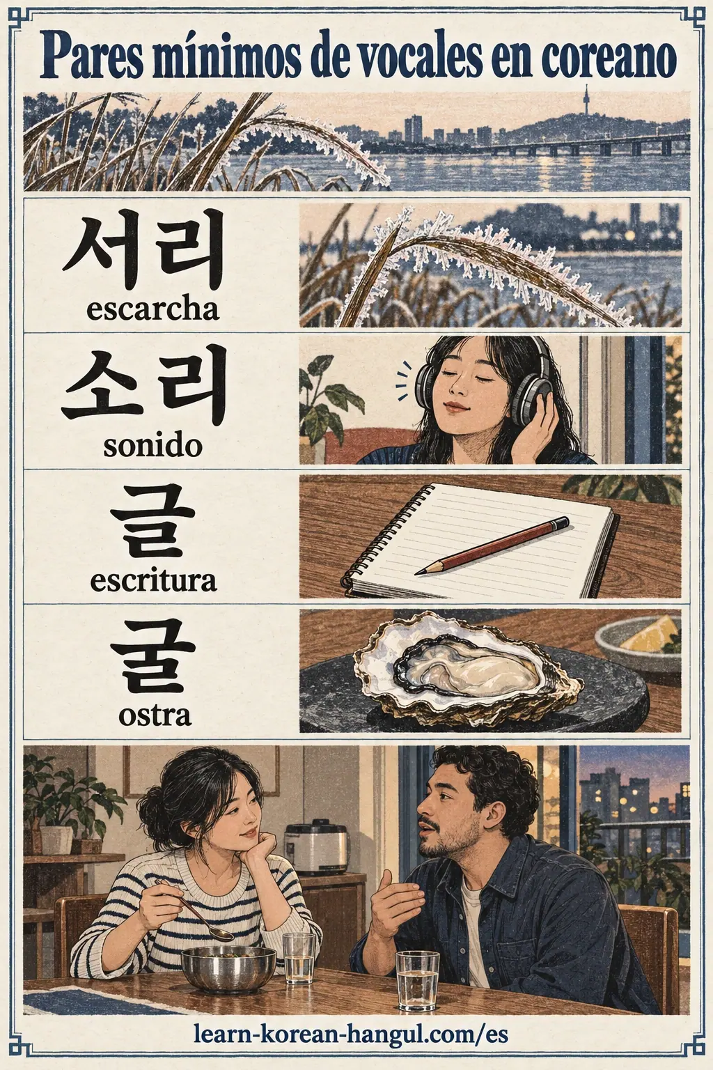 Práctica ilustrada de 서리 / 소리 / 글 / 굴 (escarcha / sonido / escritura / ostra) en Seúl.