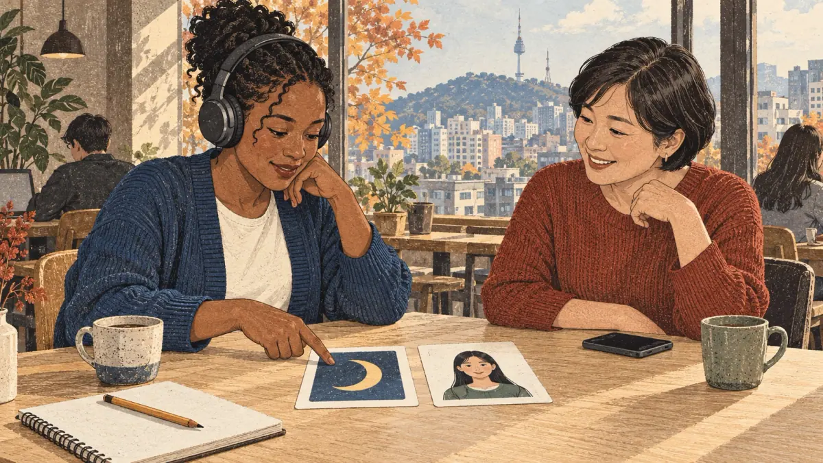 An adult learner listens to Korean minimal pairs with a tutor at a Seoul café.