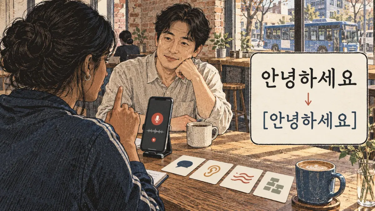 Illustrated 안녕하세요 / [안녕하세요] in a Seongsu café booth.