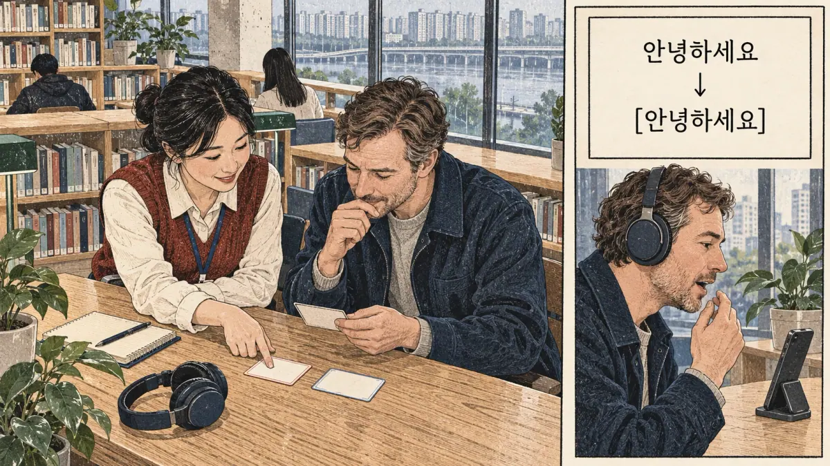 Illustrated 안녕하세요 / [안녕하세요] in a Mapo public library study corner.