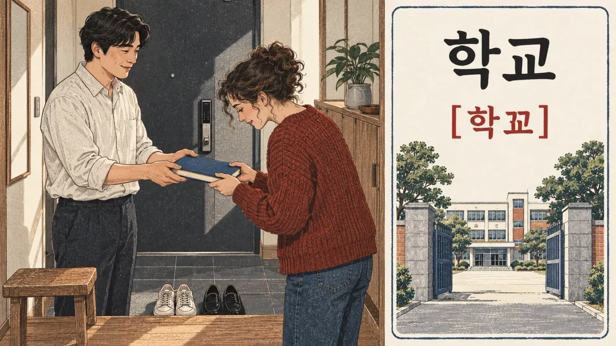 Illustrated 학교 / [학꾜] in a Seoul apartment entry.