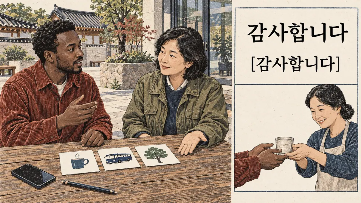Illustrated 감사합니다 / [감사함니다] in a Jongno community centre courtyard.