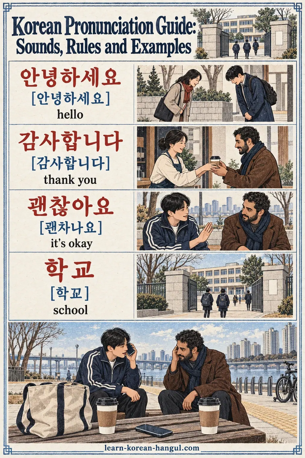 Illustrated 안녕하세요 / [안녕하세요] / 감사합니다 / [감사함니다] / 괜찮아요 / [괜차나요] / 학교 / [학꾜] (hello / school) in a Han River bench near apartment towers.