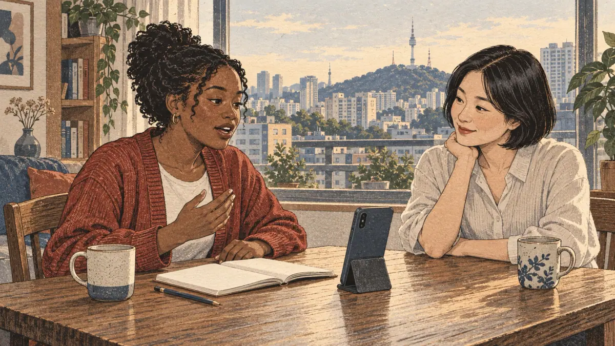 An adult learner records Korean pronunciation while a tutor listens at a Seoul apartment study table.