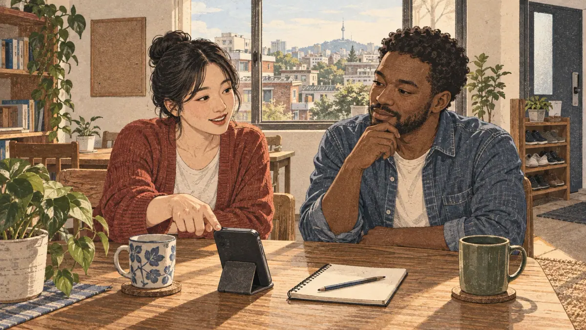 Illustrated practice in a Seoul community learning room.