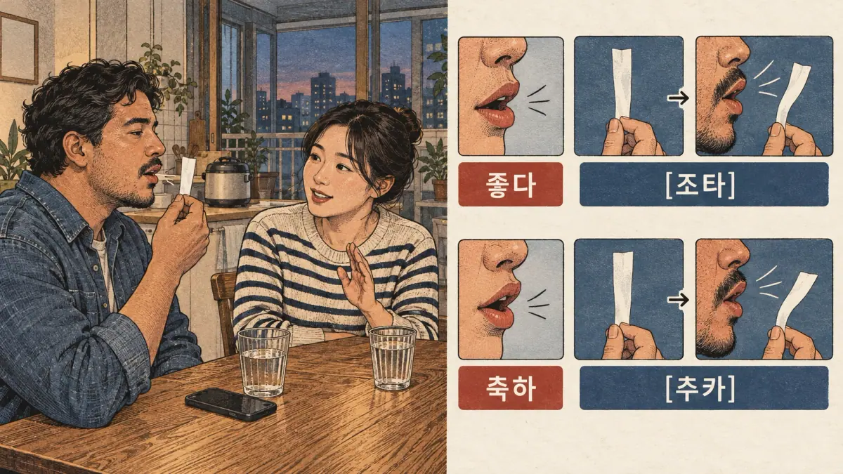 Korean pronunciation examples: 좋다 / [조타] / 축하 / [추카].