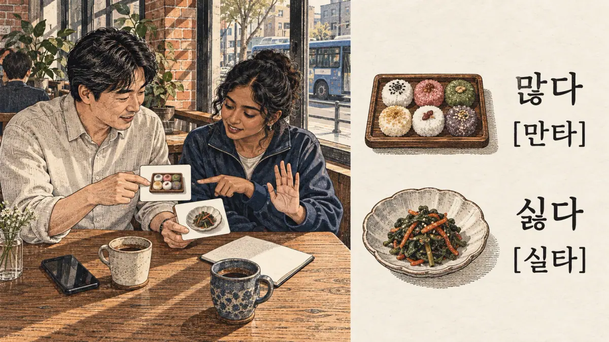 Korean pronunciation examples: 많다 / [만타] / 싫다 / [실타].