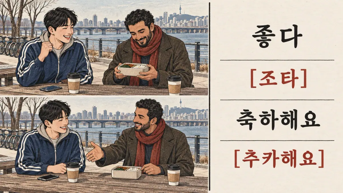Korean pronunciation examples: 좋다 / [조타] / 축하해요 / [추카해요].