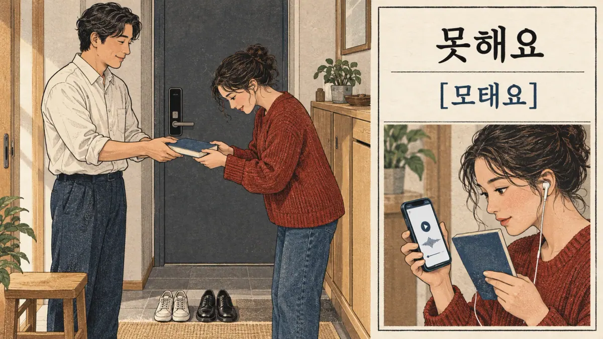 Korean pronunciation examples: 못해요 / [모태요].