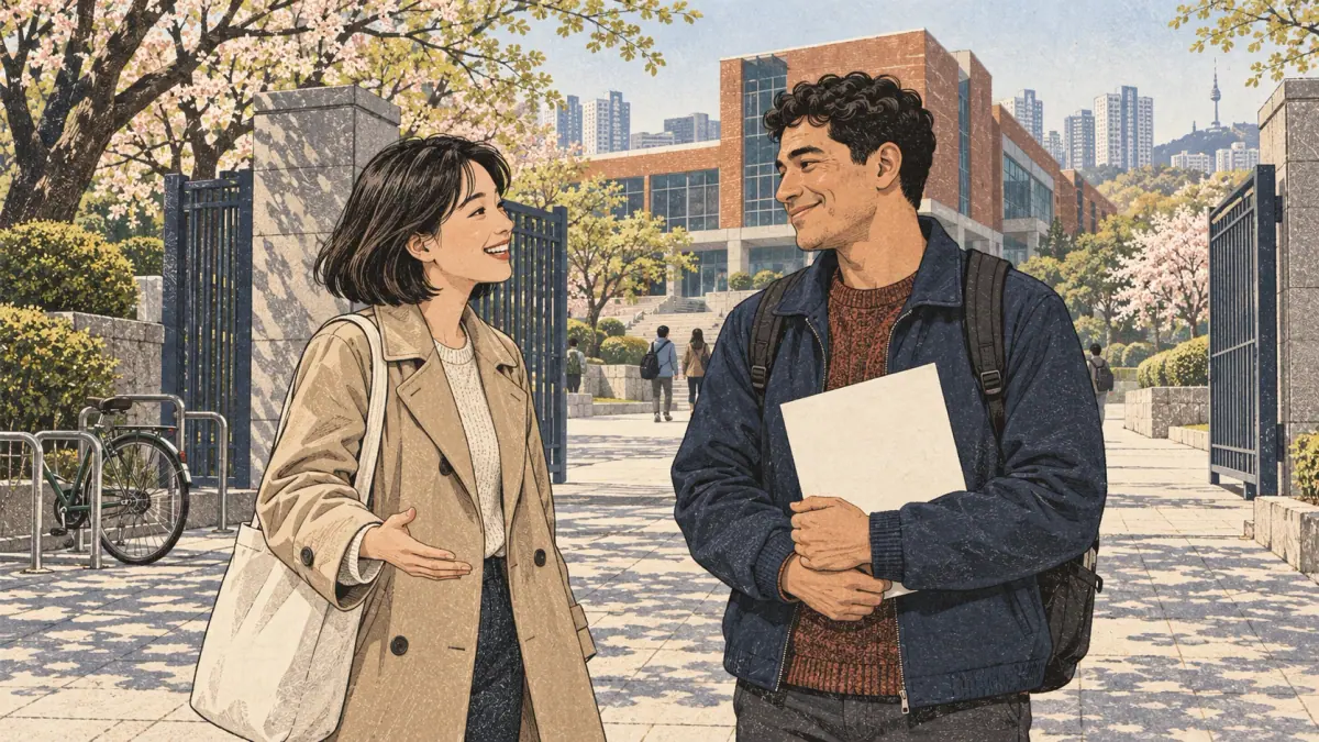 Two adult friends celebrate school admission outside a modern Seoul campus entrance.