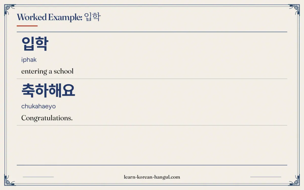 입학 · iphak · entering a school · Worked example: 입학