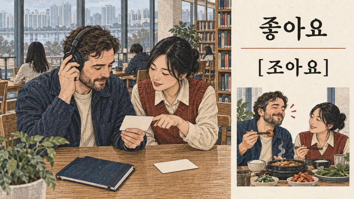 Korean pronunciation examples: 좋아요 / [조아요].