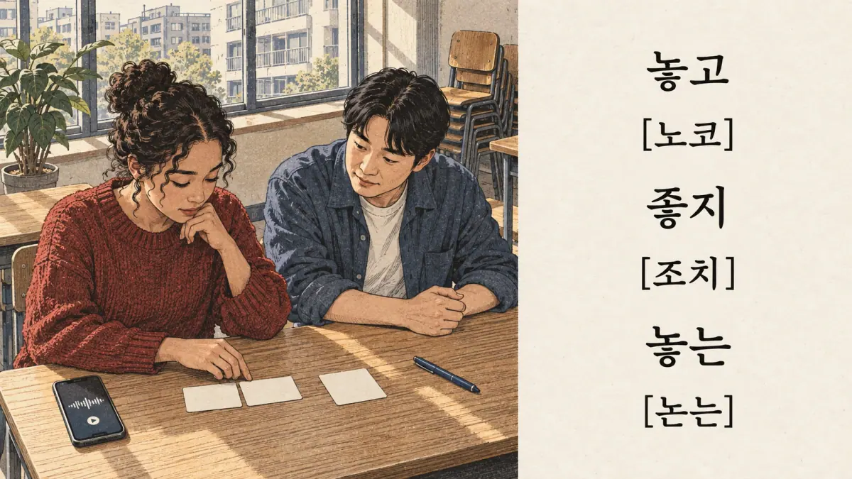 Korean pronunciation examples: 놓고 / [노코] / 좋지 / [조치] / 놓는 / [논는].