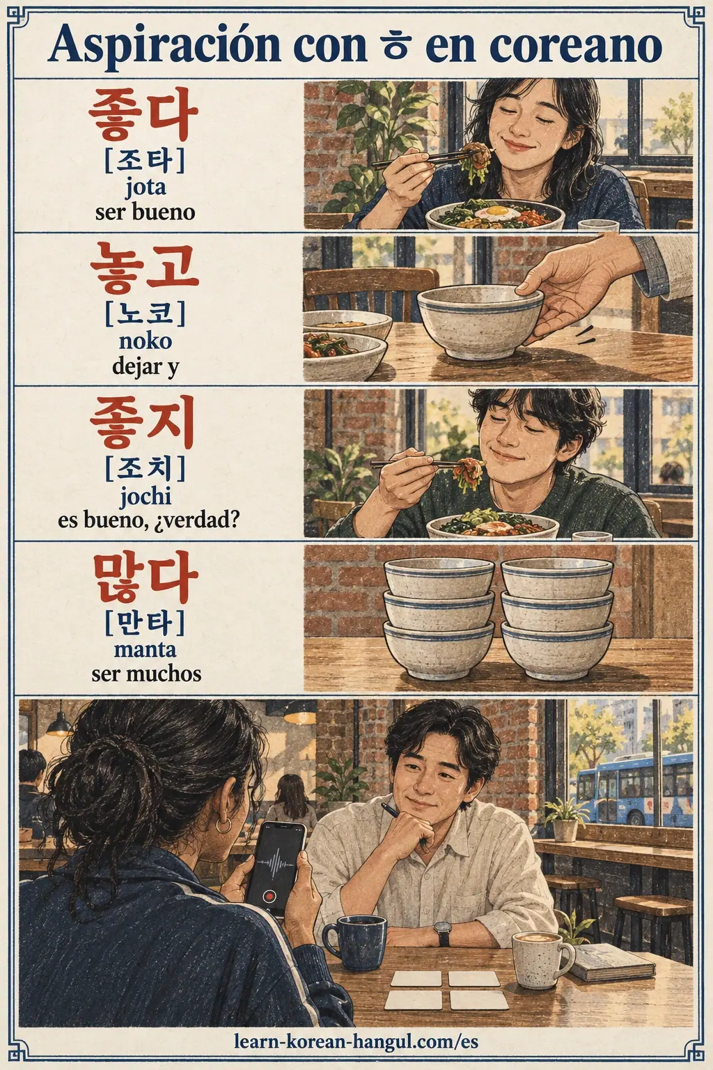 Ejemplos de pronunciación coreana: 좋다 / [조타] / 놓고 / [노코] / 좋지 / [조치] / 많다 / [만타] / jota / noko / jochi / manta.