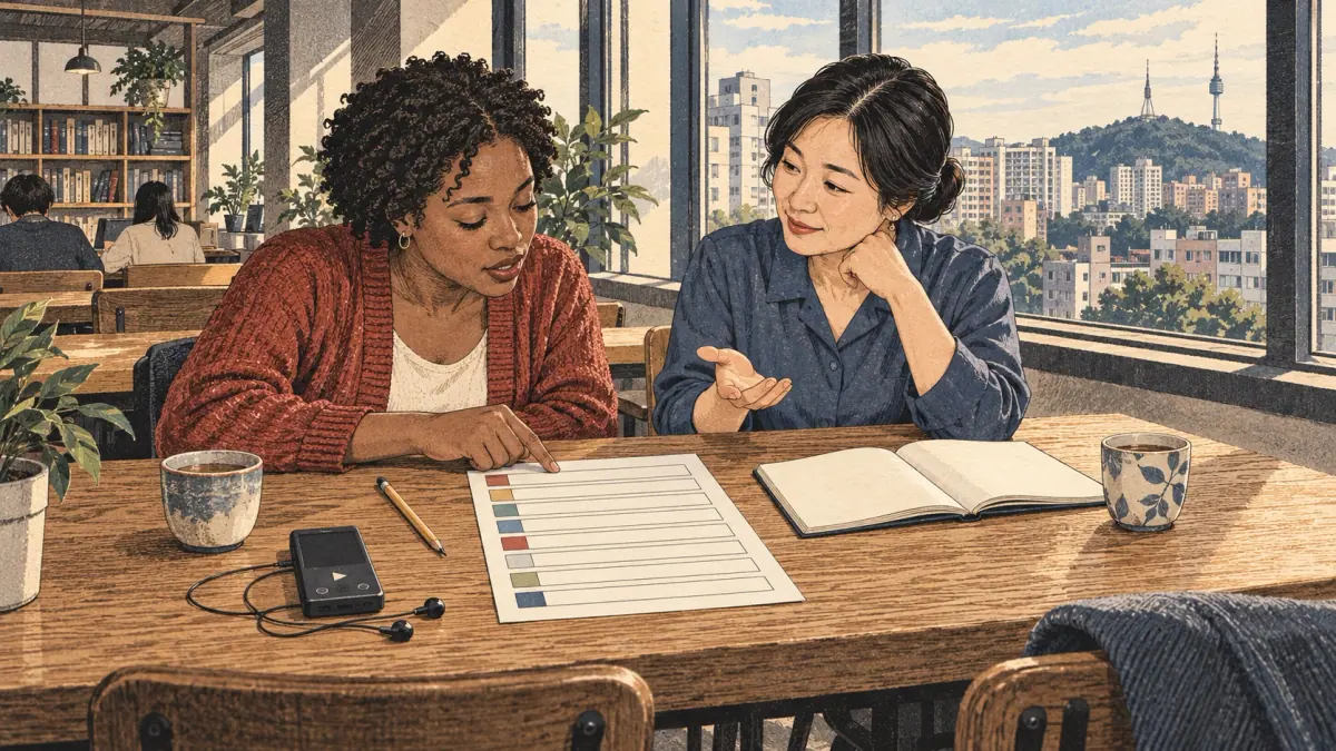 A learner consults a reference sheet while practicing Korean pronunciation with a tutor in a Seoul study café.