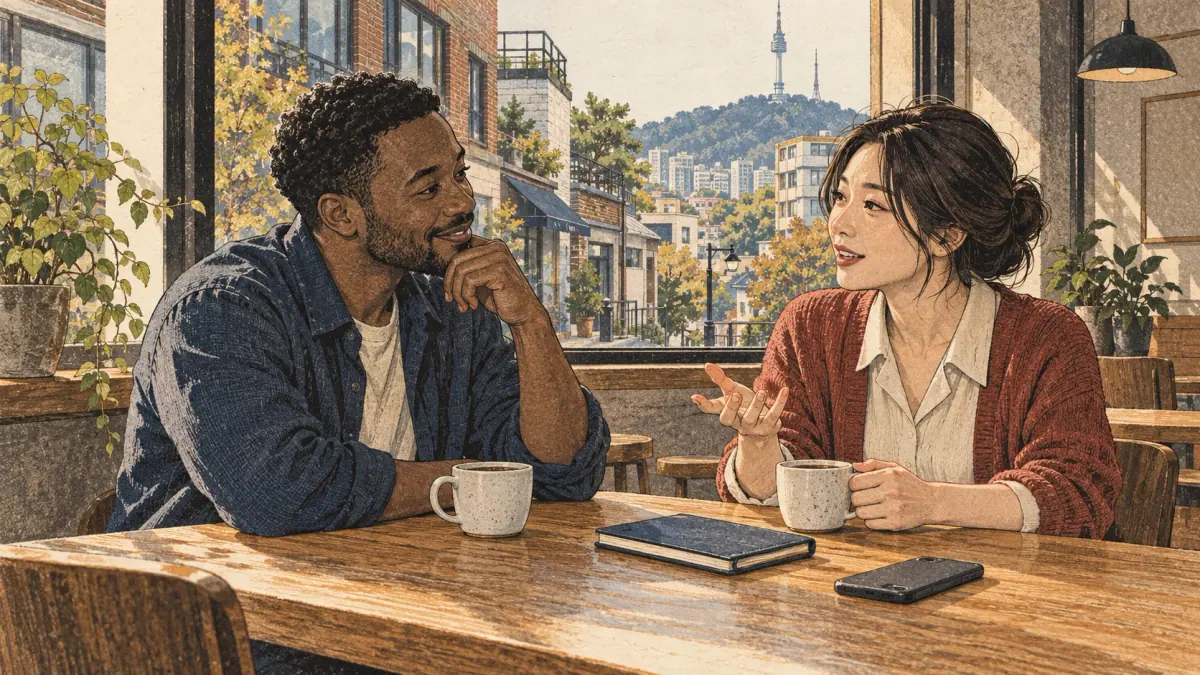 A Korean tutor and adult learner practise careful and relaxed speech in a Seoul café.