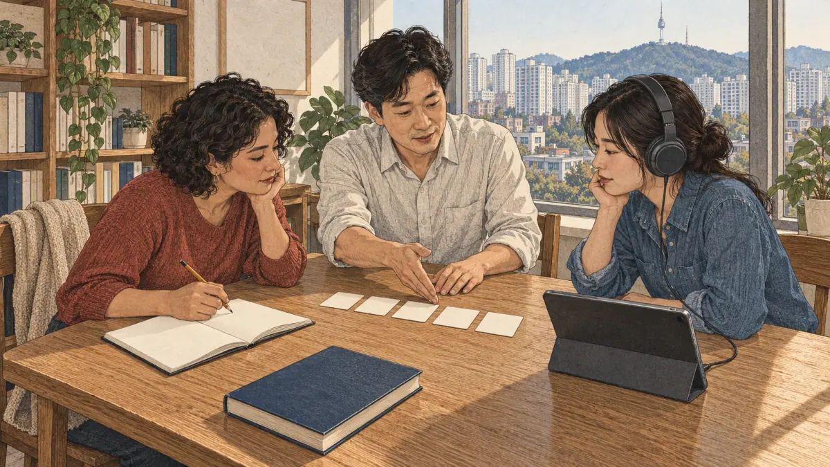 Adult learners work through Korean pronunciation steps together in a Seoul study room.