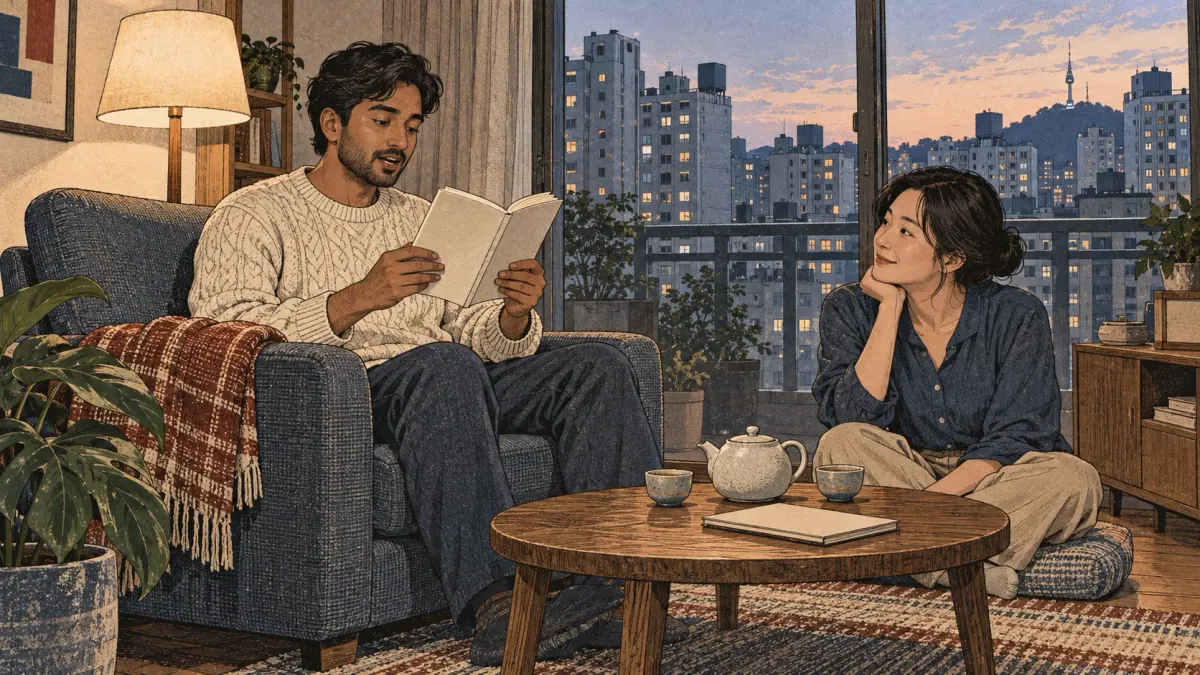 An adult learner reads aloud while a Korean partner listens in a Seoul apartment.