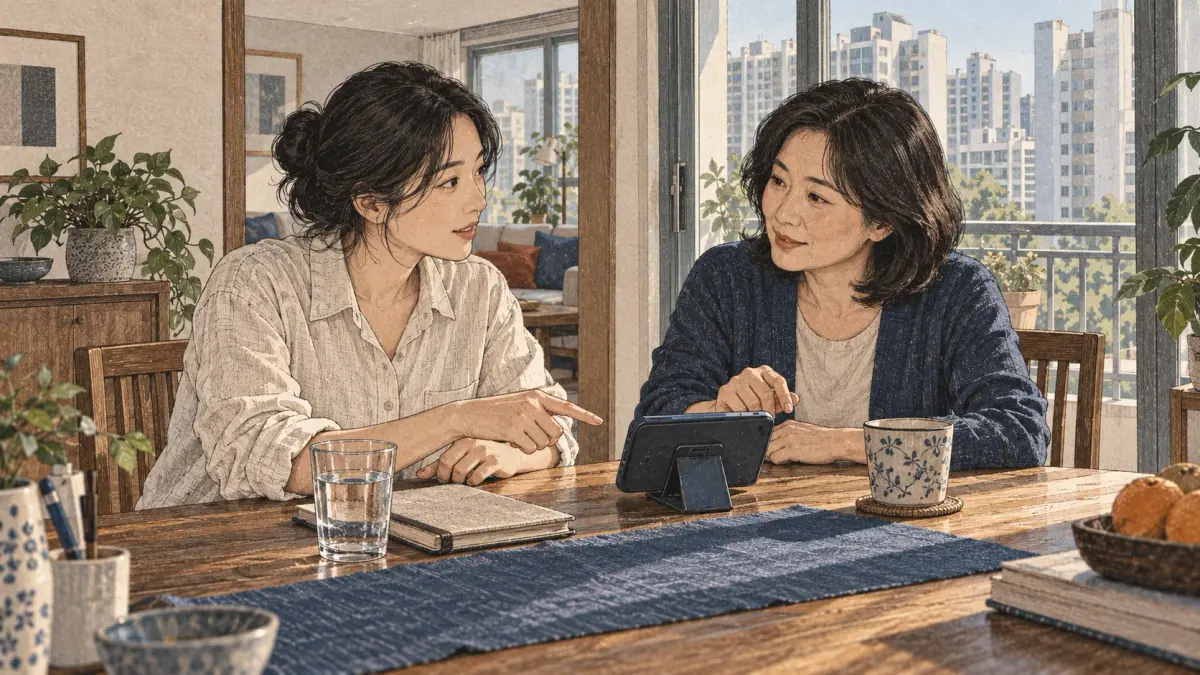 Adults practise Korean pronunciation in a Seoul apartment dining room.
